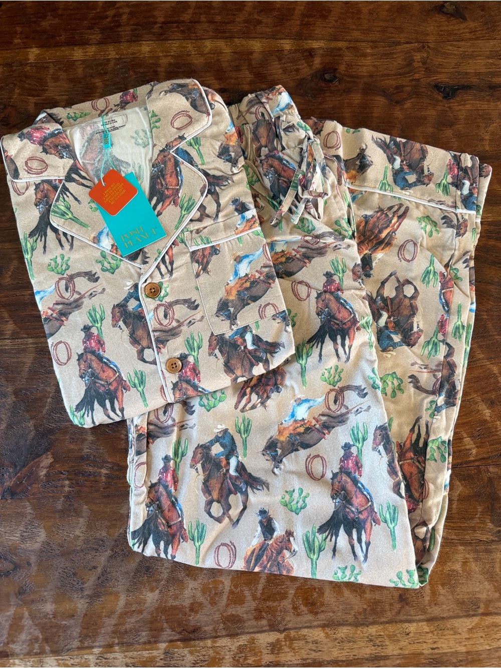 Posh Peanut Beige Cowboy Rodeo Print Pajama Set- Large